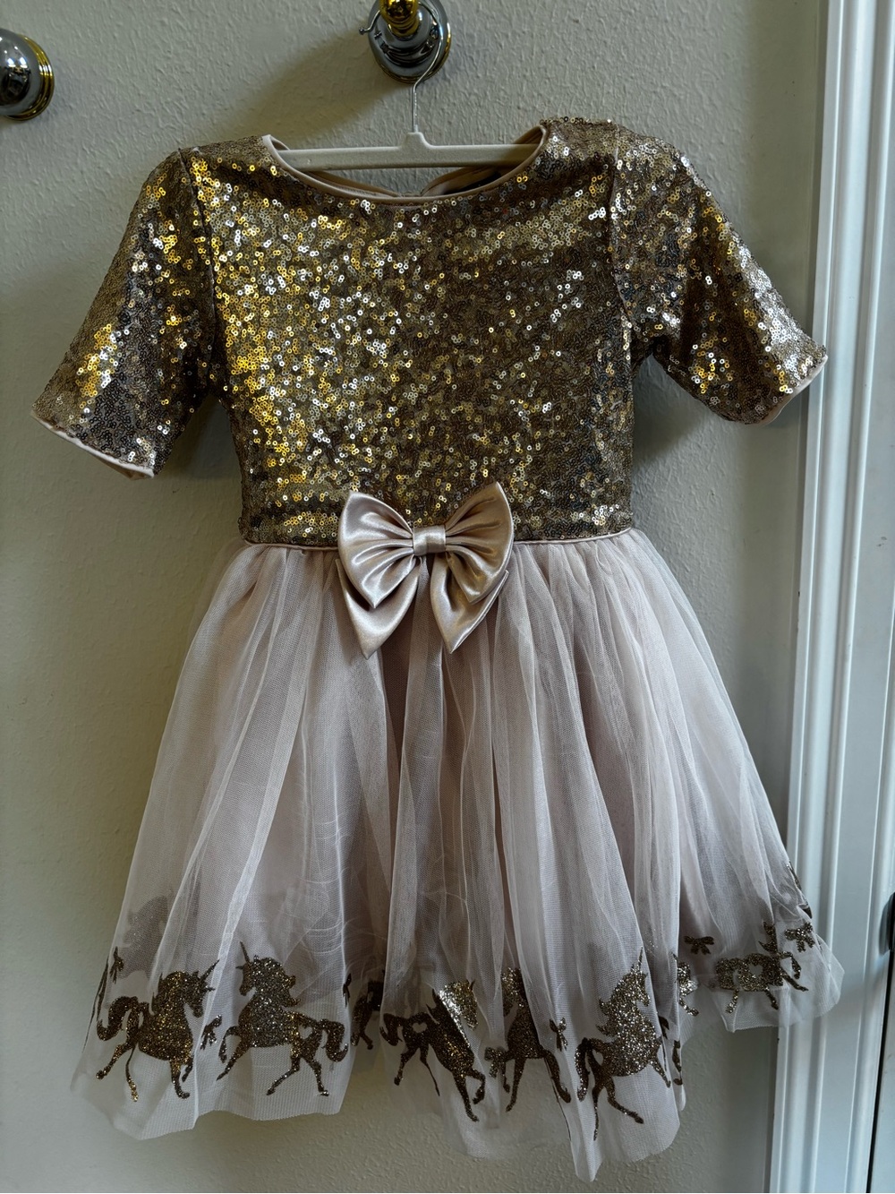 Zunie Gold Sequin Bodice Champagne Tulle Dress with Bow and Glitter Unicorn Trim